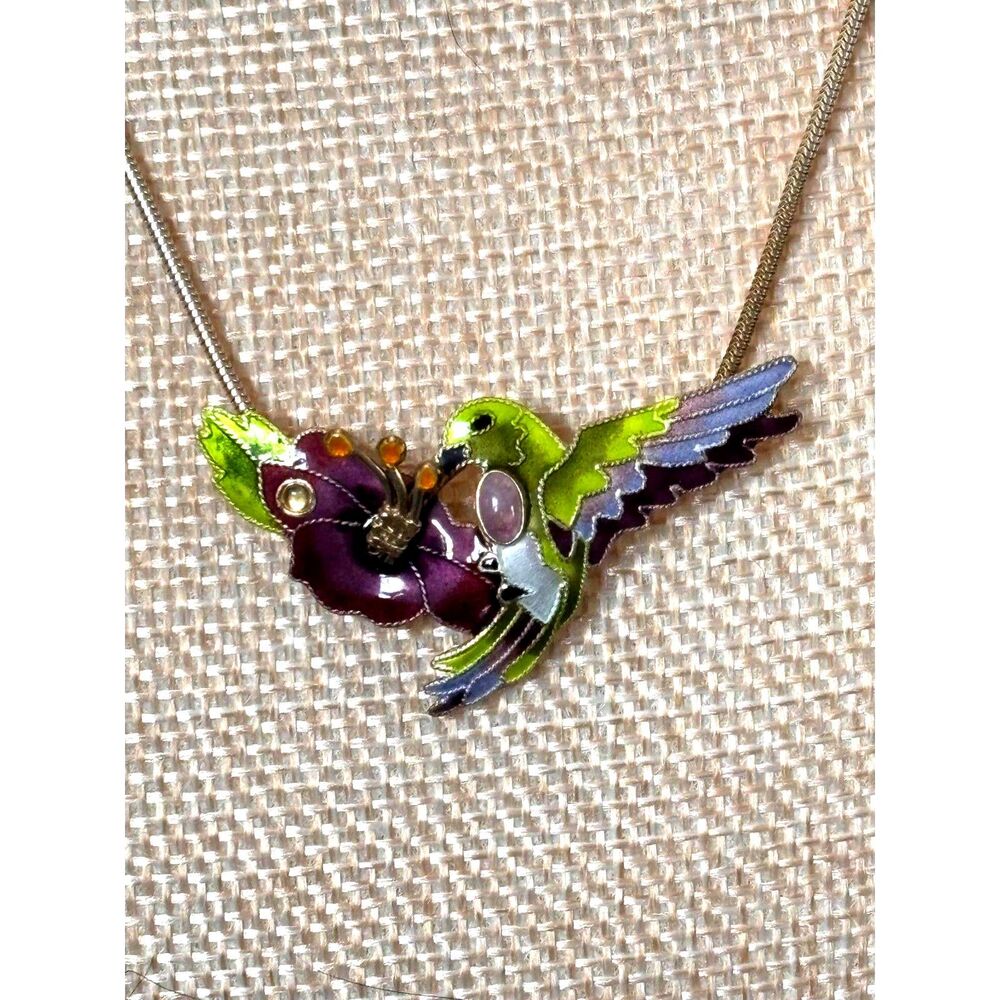 VTG Zarah Sterling Silver Enamel Hummingbird Amethyst Necklace
